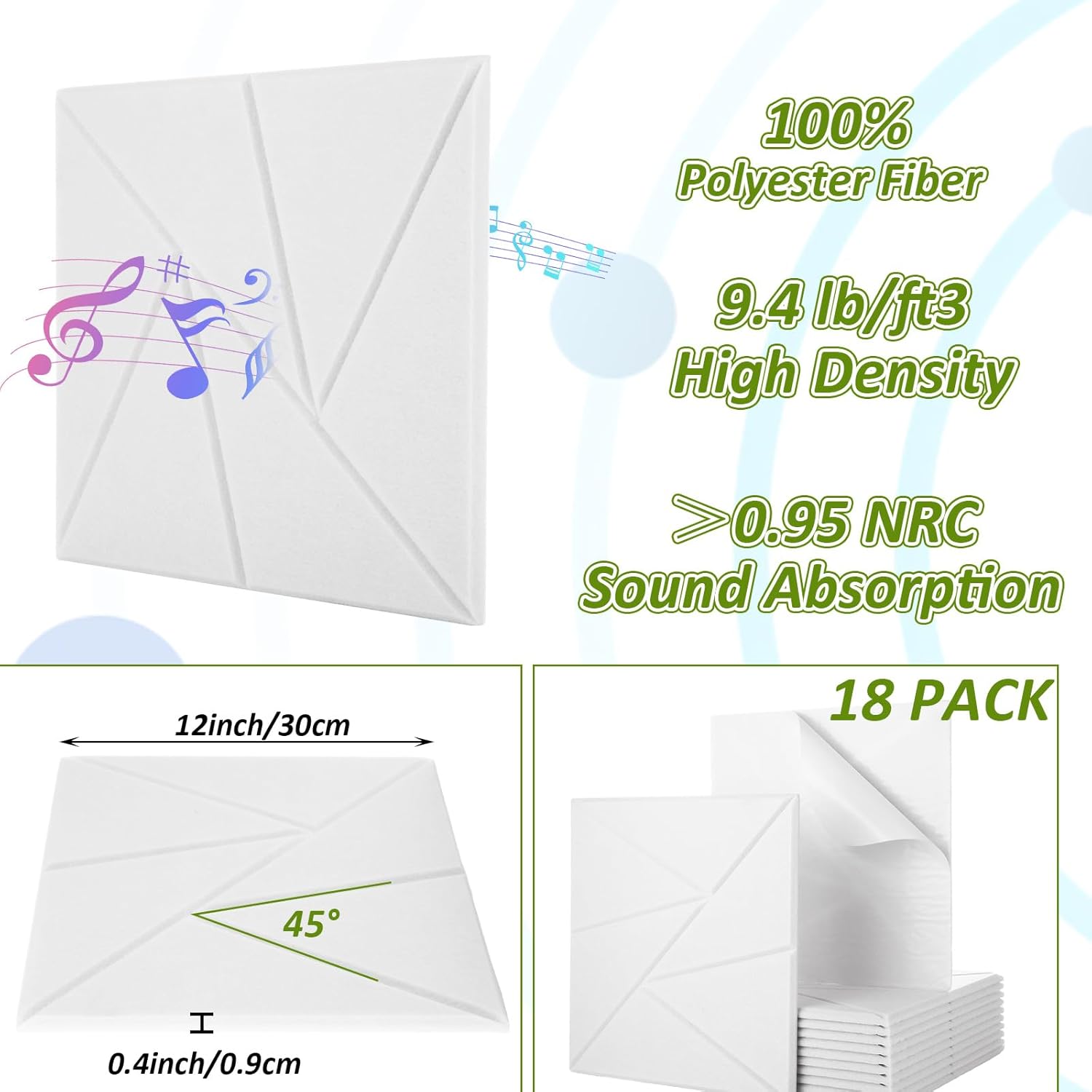 18 PCS White Sound Proof Panels for Walls 12x12x0.4 Inch High-Density Foam White Acoustic Wall Panels Sound Absorbing Sound Deadening Panels Self-Adhesive Soundproof Wall Panels for Studio - Image 2