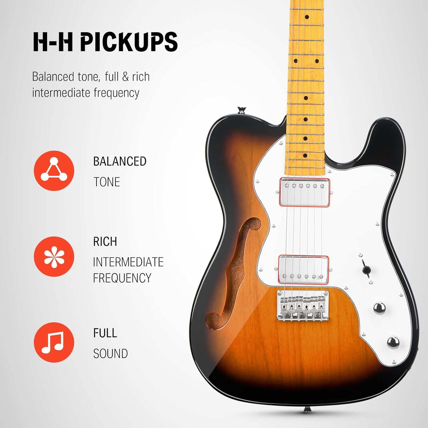 Donner 39 Inch Jazz Electric Guitar TL Thinline F Hole Beginner Full Size Hollow Guitar with H-H Pickups,Bag, Strap, Cable,Sunburst(DJC-1000S) - Image 4