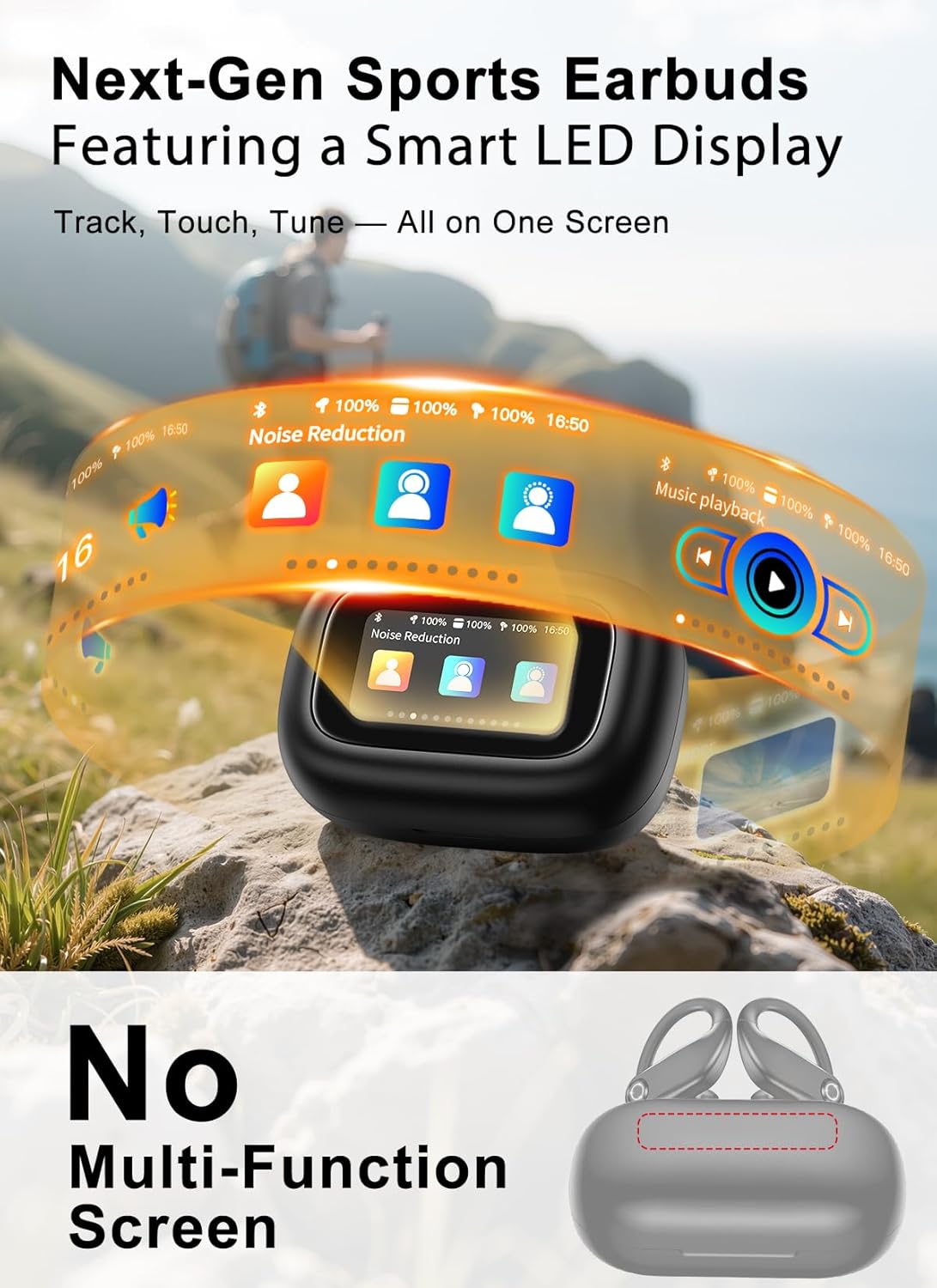 Wireless Earbuds, ENC Noise Cancelling Sport Ear Buds with Multifunctional Touch Screen, Bluetooth 5.4 Headphones, Bass Stereo Sound, 5 EQ Over The Ear Earbuds for Sports/Workout/Gym-Black - Image 2